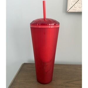 Starbucks Red Tumbler Cup 24oz Siren Logo Faceted Lid Straw Cold‎ Drink